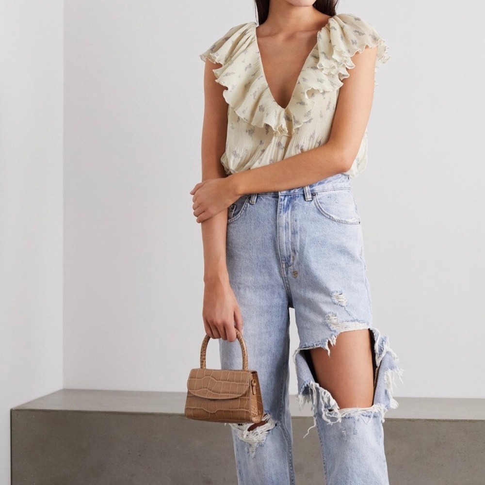 GANNI Net Sustain Ruffled Floral-Print Plissé-Georgette Blouse - Ivory